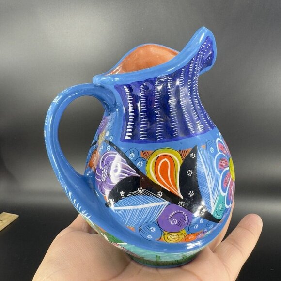 Hand Made Mexico Pottery Tonala Talavera Pitcher Hand Painted RedWare Decor - Picture 16 of 16